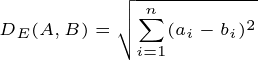 The Euclidean distance DE​ between two time series A and B of equal length n