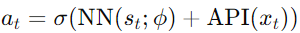 Action selection formula combining neural network predictions and API calls, processed through an activation function.