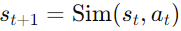 State transition modeled by a simulation function reflecting the impact of actions within the environment.