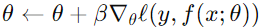 Parameter update rule in learning, adjusting model weights based on the gradient of the loss function.