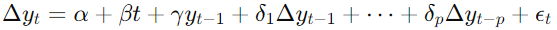 ADF test formula for pairs trading