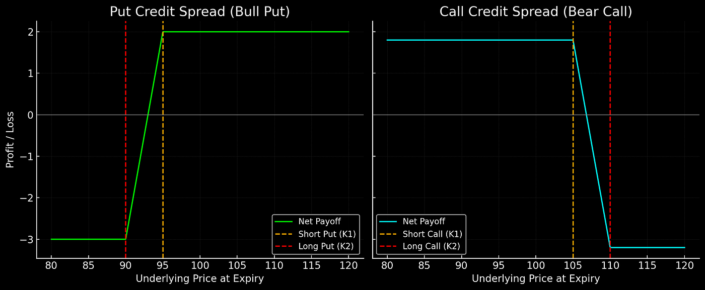 Figure 1. Net payoff at expiry for two credit spread strategies: Bull Put (left): short 95 put, long 90 put, net credit $2.00. Bear Call (right): short 105 call, long 110 call, net credit $1.80. Both have capped loss and defined break-even points.