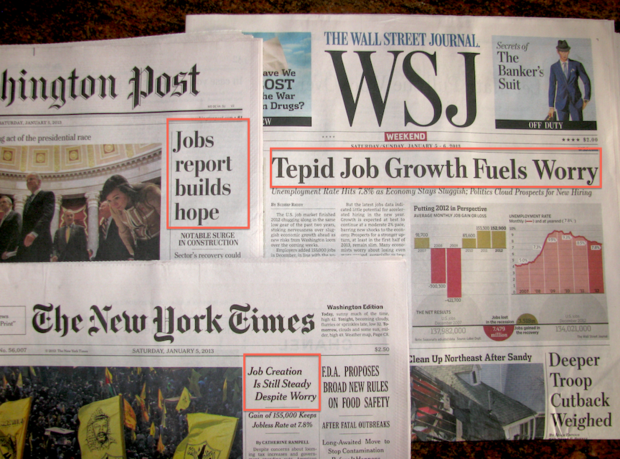 Figure 1. Three major newspapers, one jobs report with three narratives. The Washington Post calls it “hope,” The Wall Street Journal fuels “worry,” and The New York Times strikes a cautious middle ground. Source: The Atlantic